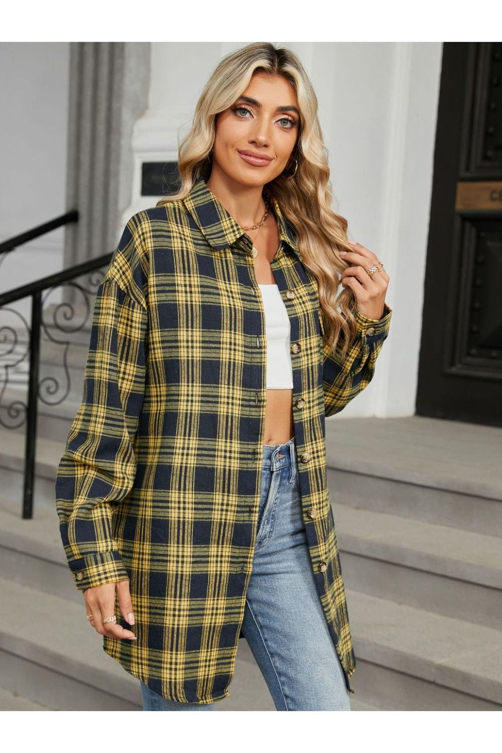 Plaid Collared Neck Long Sleeve Shirt - Shirts - FITGGINS