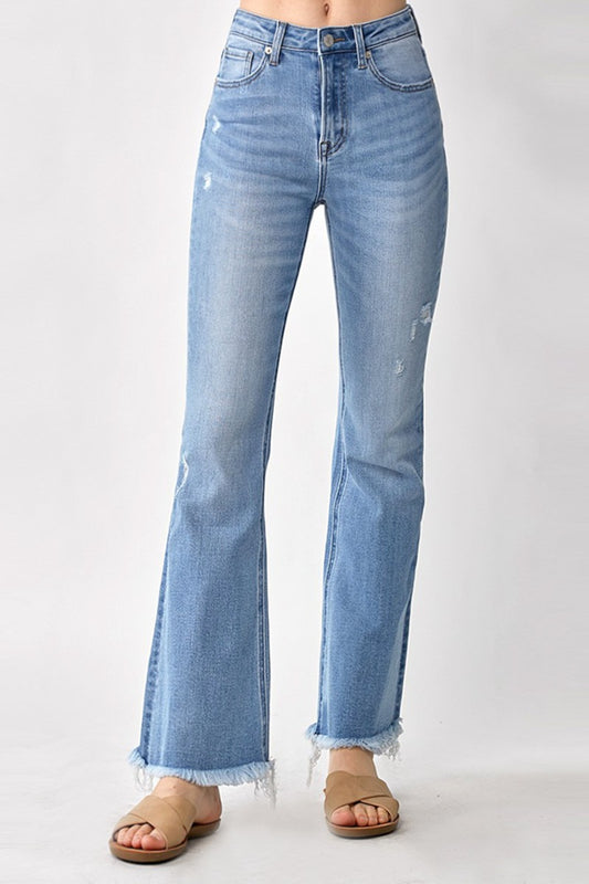 RISEN High Rise Frayed Hem Bootcut Jeans - Jeans - FITGGINS