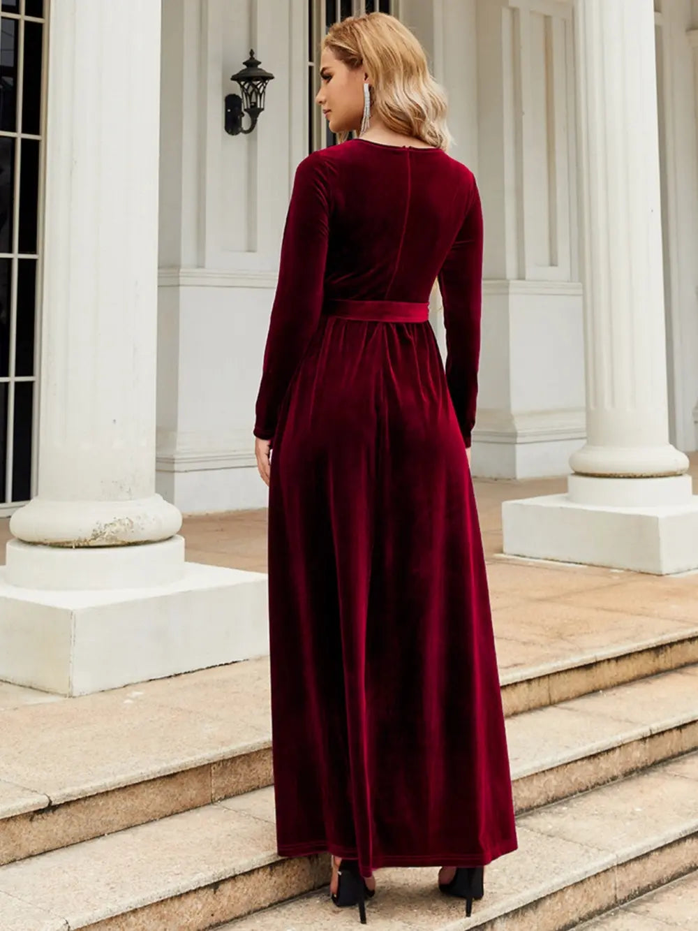 Tie Front Round Neck Long Sleeve Maxi Dress Fitggins