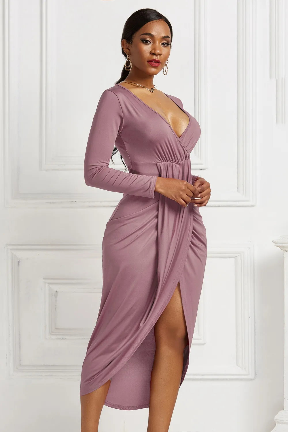 High-low Ruched Surplice Long Sleeve Dress Fitggins