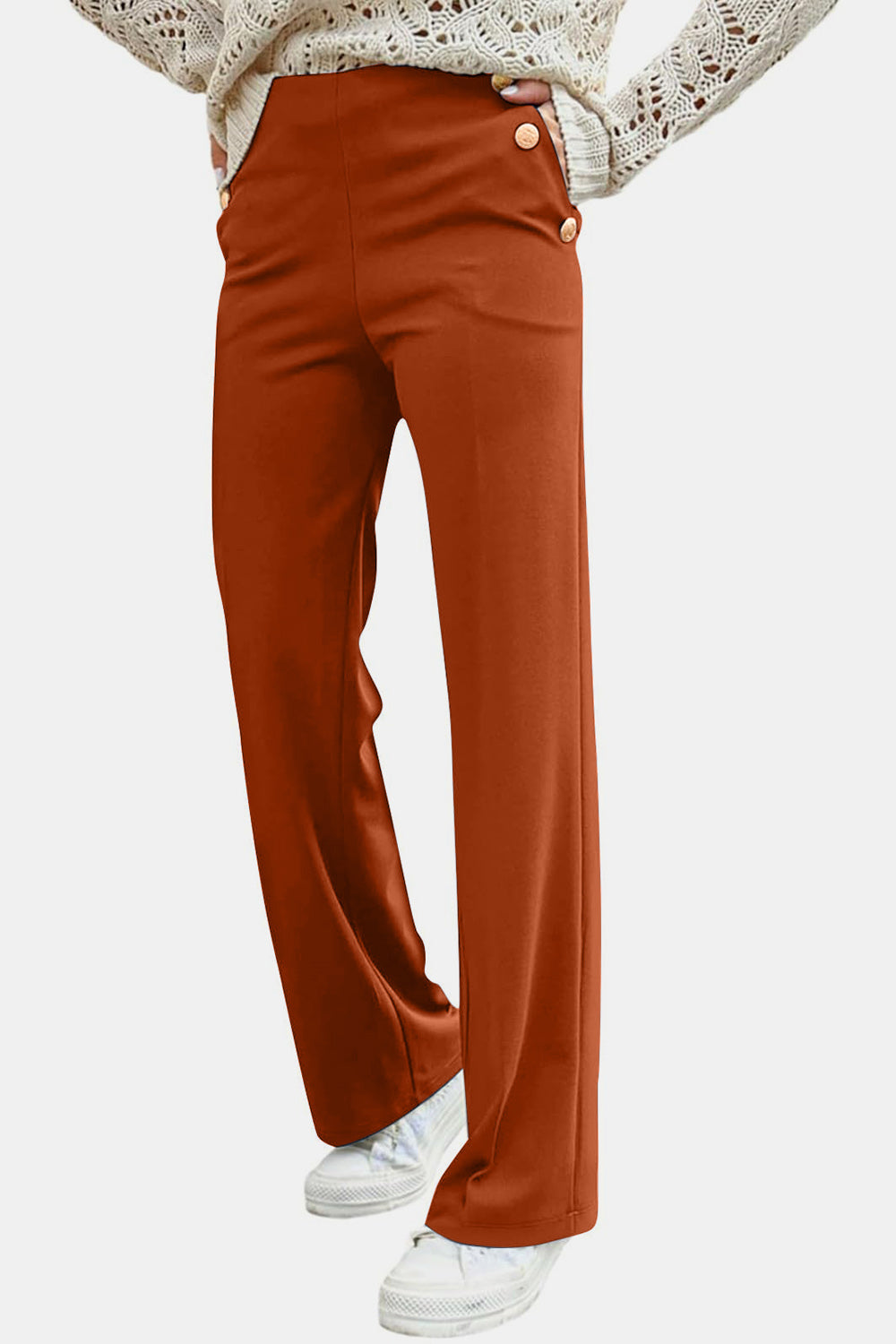 Decorative Button High Rise Pants - Pants - FITGGINS