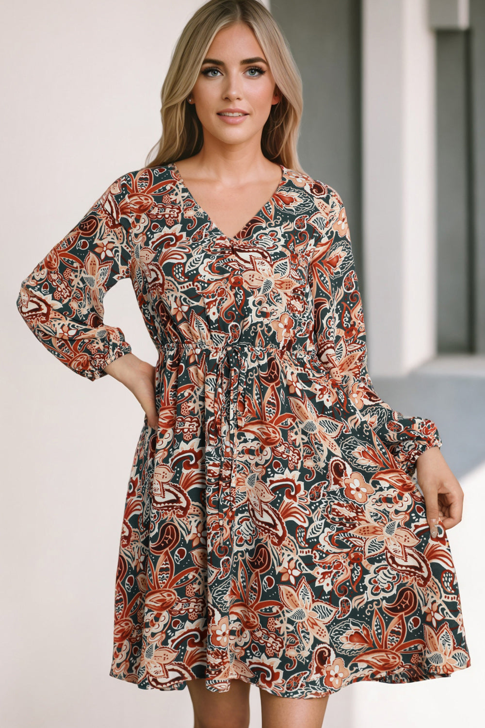 Printed V-Neck Mini Dress - Casual & Maxi Dresses - FITGGINS