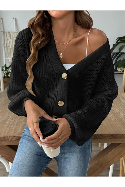 V-Neck Button Up Long Sleeve Cardigan - Cardigans - FITGGINS