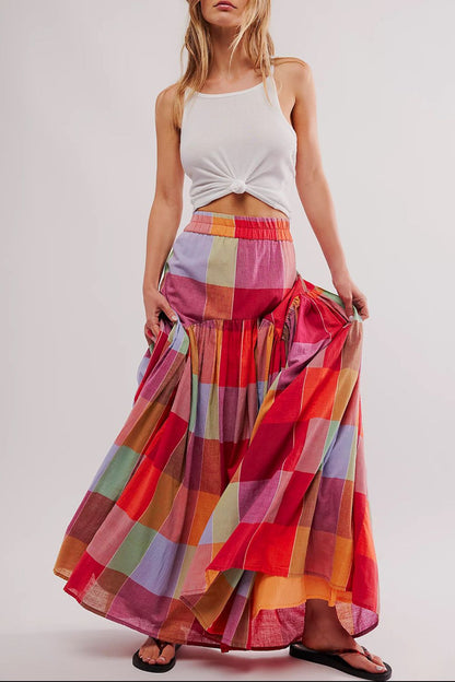 Color Block Elastic Waist Maxi Skirt - Shirts - FITGGINS