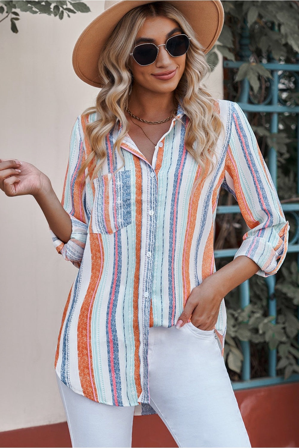 Striped Button-Up Curved Hem Shirt with Breast Pocket - Shirts - FITGGINS