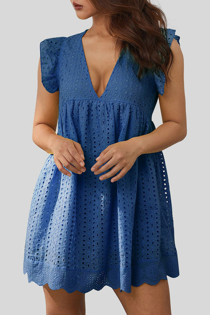 Ruffled Eyelet Cap Sleeve Mini Dress - Casual & Maxi Dresses - FITGGINS