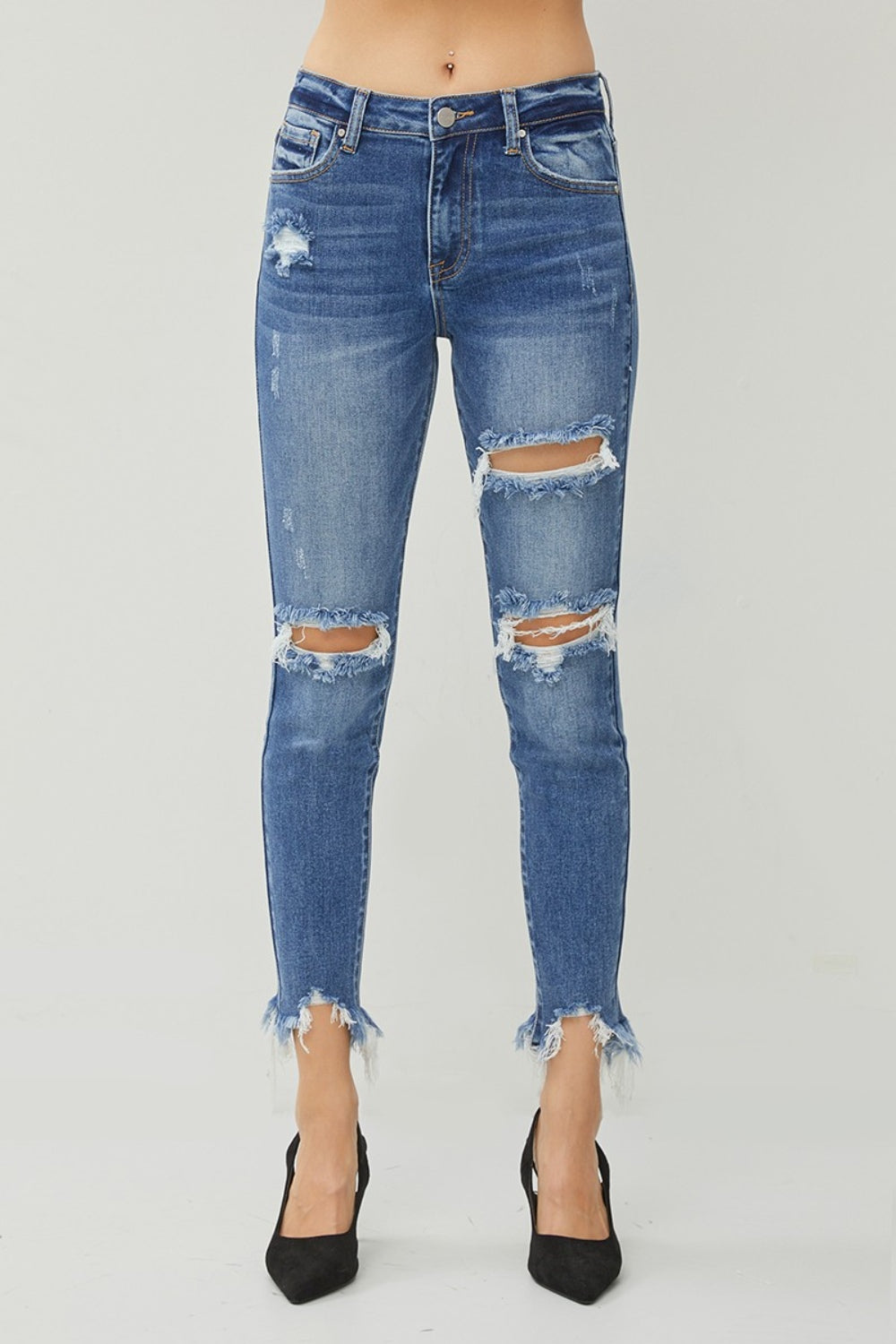 RISEN Distressed Frayed Hem Slim Jeans - Jeans - FITGGINS