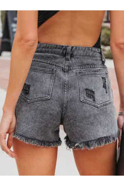 Distressed Fringe Denim Shorts with Pockets - Denim Shorts - FITGGINS