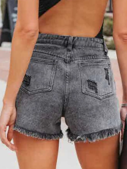 Distressed Fringe Denim Shorts with Pockets Fitggins