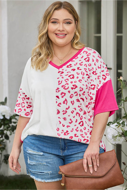 Plus Size Leopard V-Neck T-Shirt - T-Shirts - FITGGINS