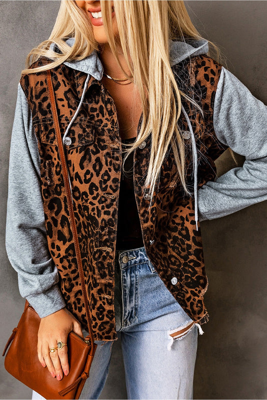 Leopard Distressed Drawstring Hooded Denim Jacket - Denim Jackets - FITGGINS