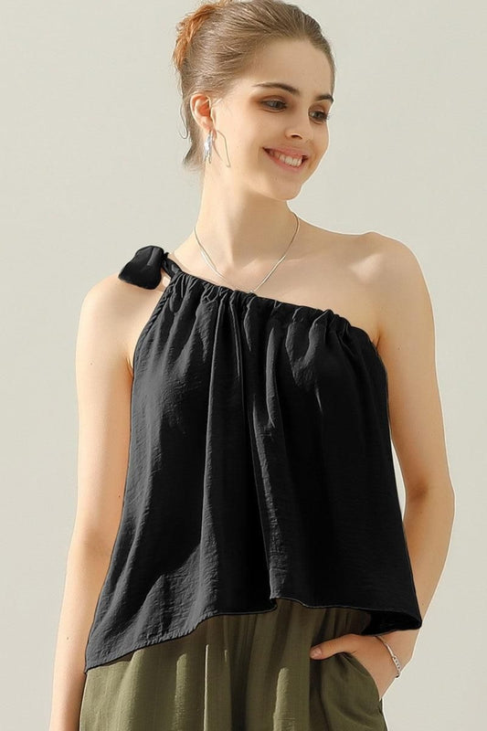 Ninexis One Shoulder Bow Tie Strap Satin Silk Top - Blouses - FITGGINS