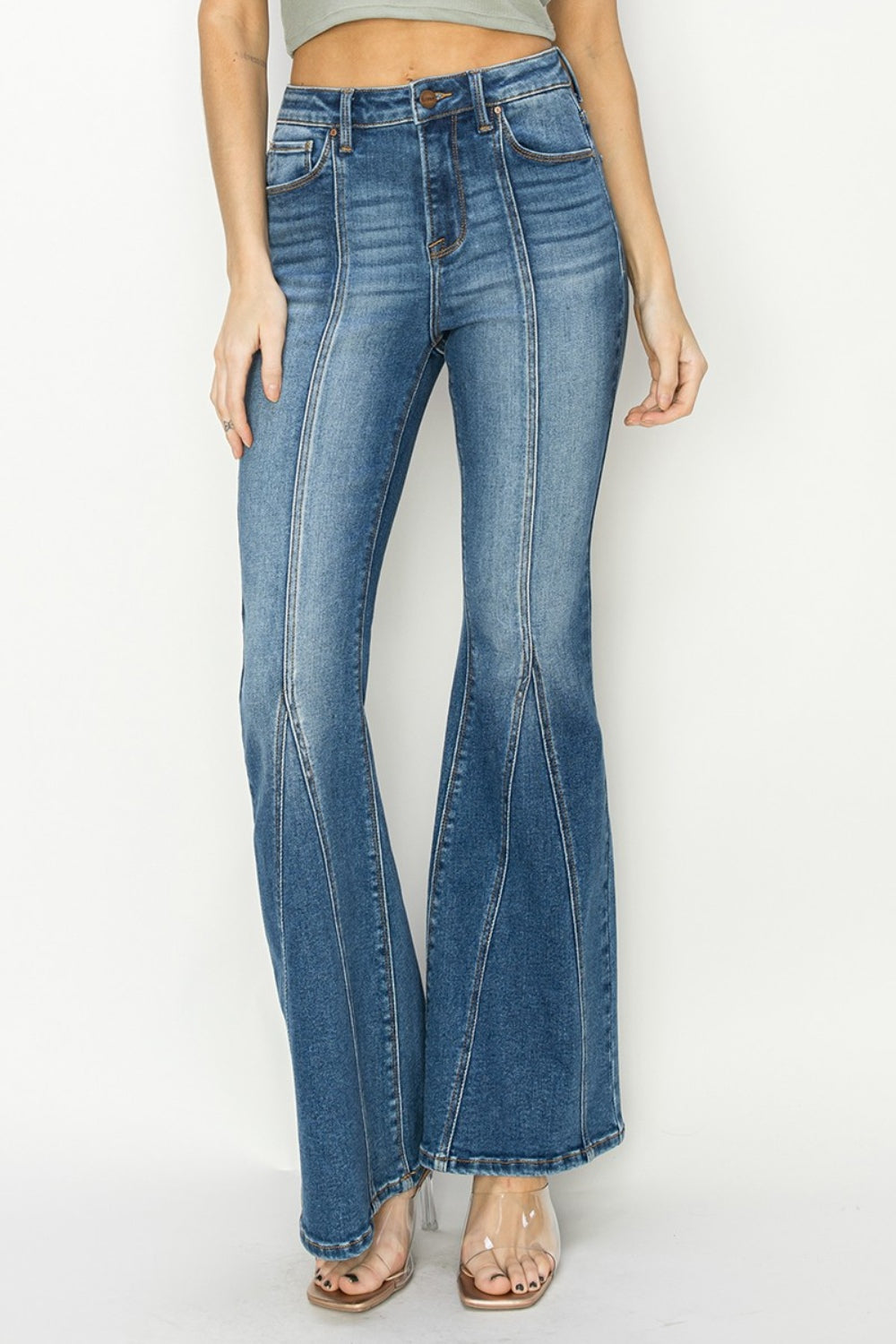 RISEN Full Size High Rise Front Seam Detailed Flare Jeans - Jeans - FITGGINS