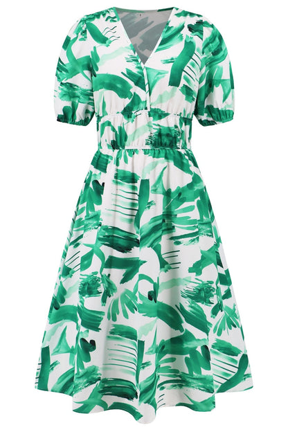 Ruched Printed Surplice Short Sleeve Dress - Casual & Maxi Dresses - FITGGINS