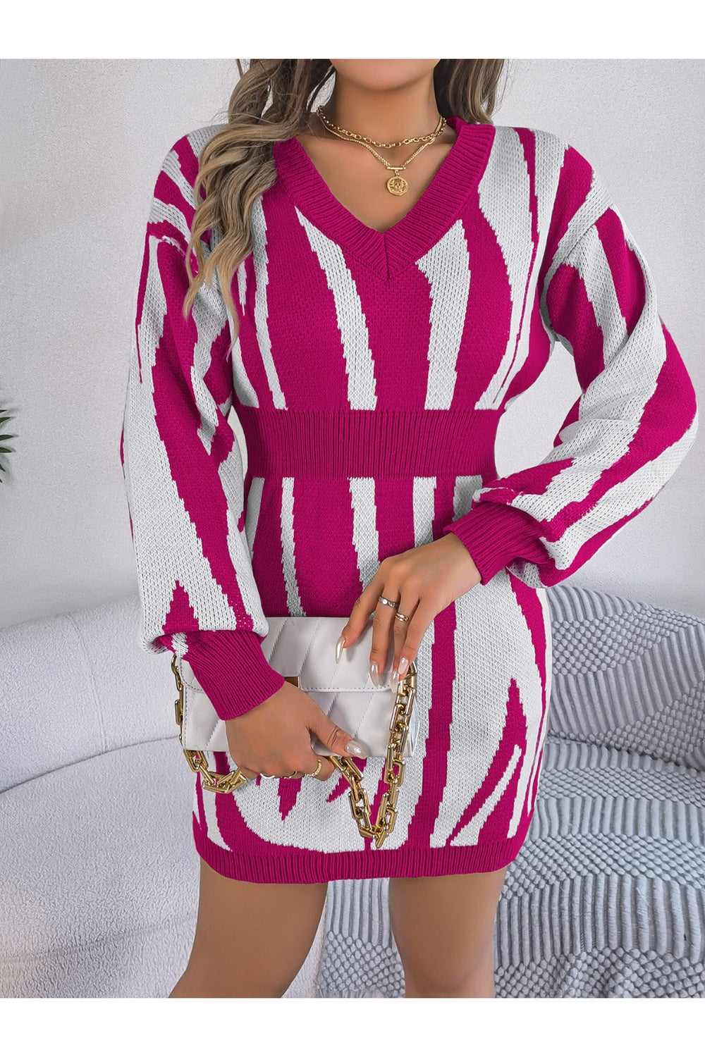 Animal Print V-Neck Long Sleeve Sweater Dress - Sweater Dresses - FITGGINS