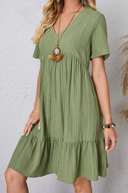 Full Size Ruched V-Neck Short Sleeve Dress - Casual & Maxi Dresses - FITGGINS