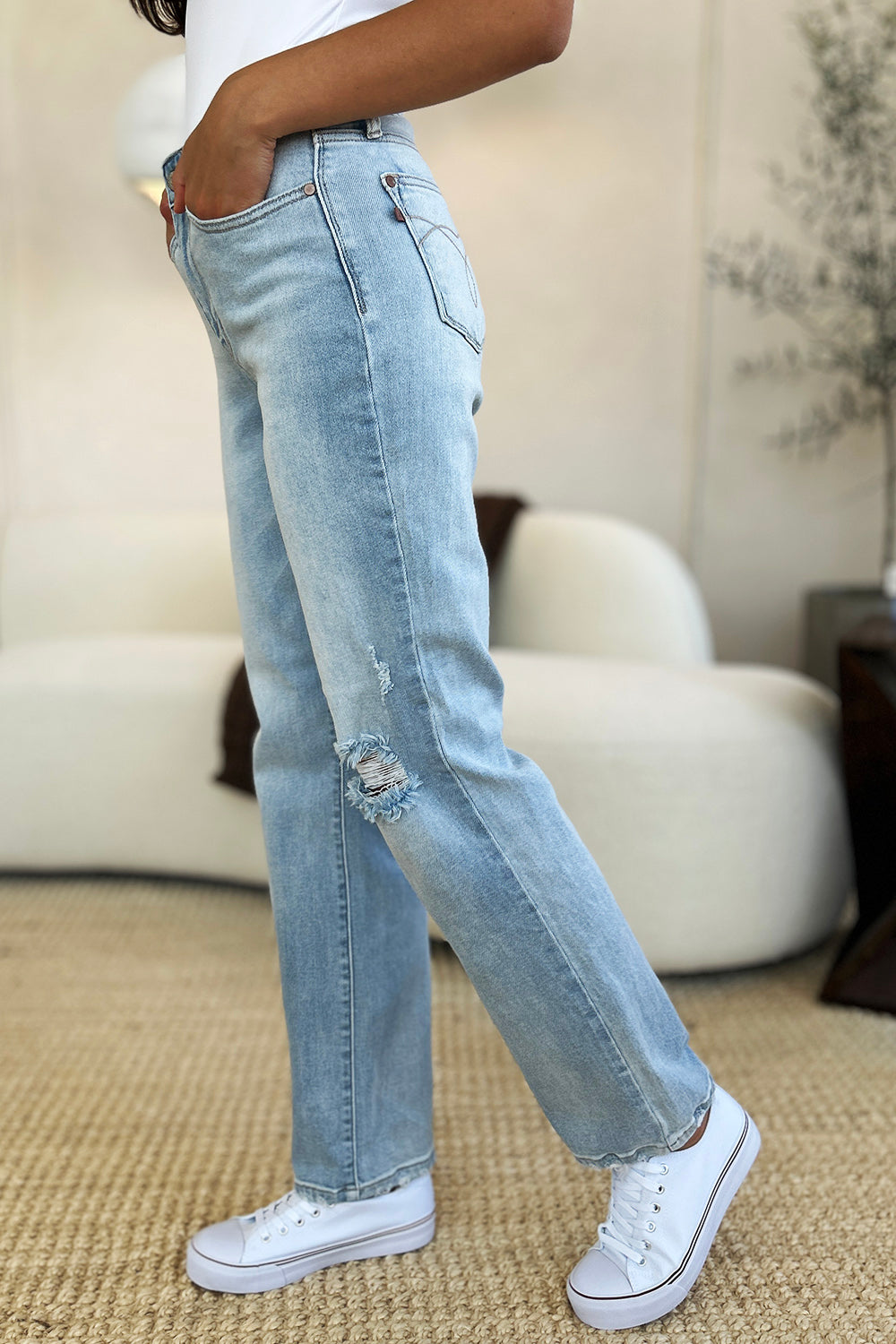 Judy Blue Full Size High Waist Distressed Straight Jeans - Jeans - FITGGINS