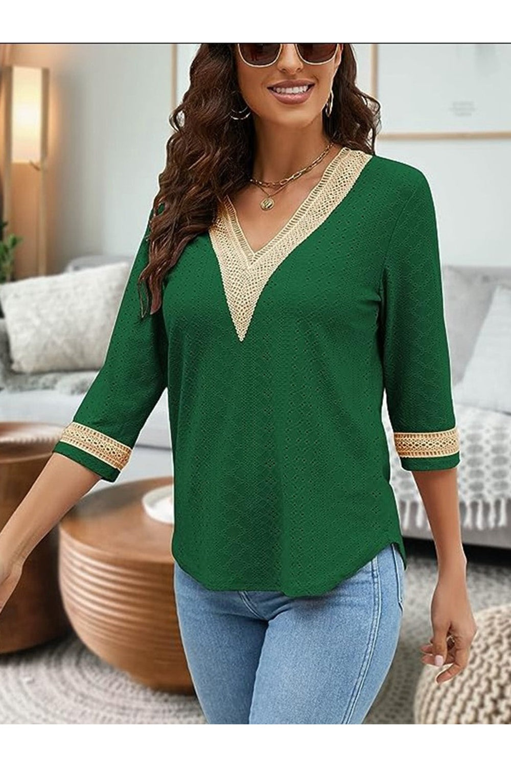 V-Neck Eyelet Blouse - Blouses - FITGGINS