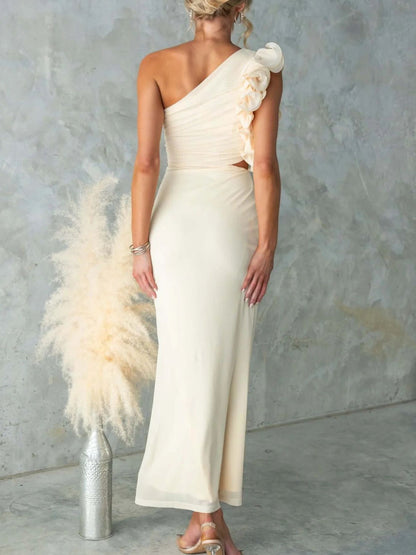 One-Shoulder Floral Trim Sleeveless Maxi Dress Fitggins