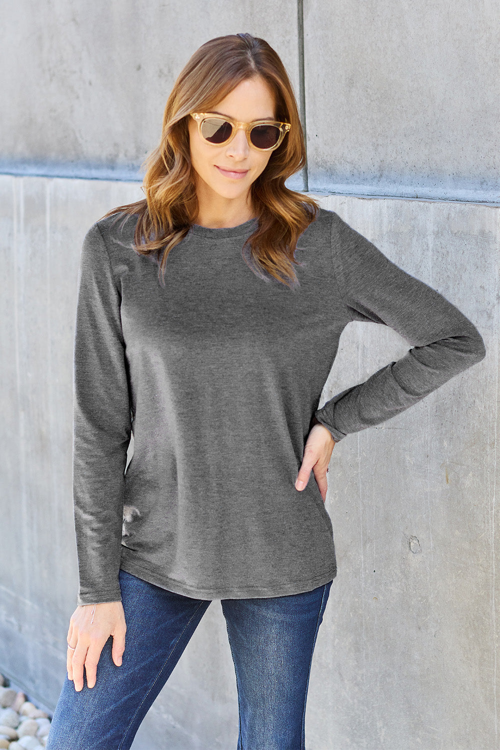 Basic Bae Full Size Round Neck Long Sleeve Top - T-Shirts - FITGGINS