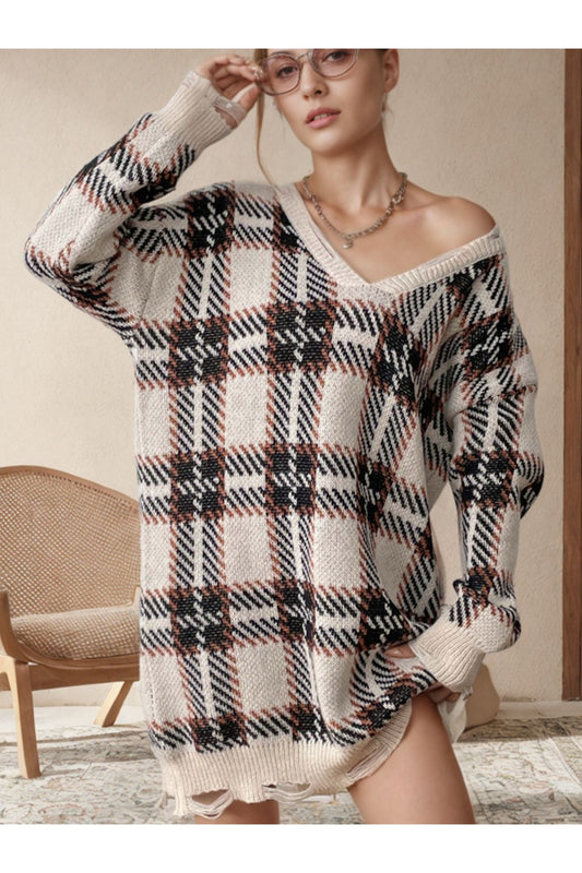 Distressed Plaid V-Neck Long Sleeve Sweater Dress - Sweater Dresses - FITGGINS