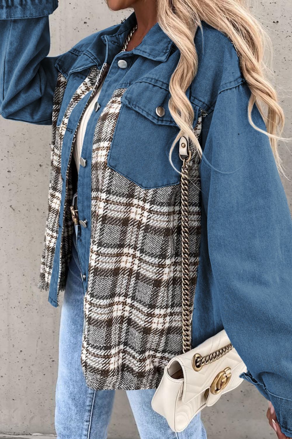 Plaid Pocketed Button Up Denim Jacket - Denim Jackets - FITGGINS