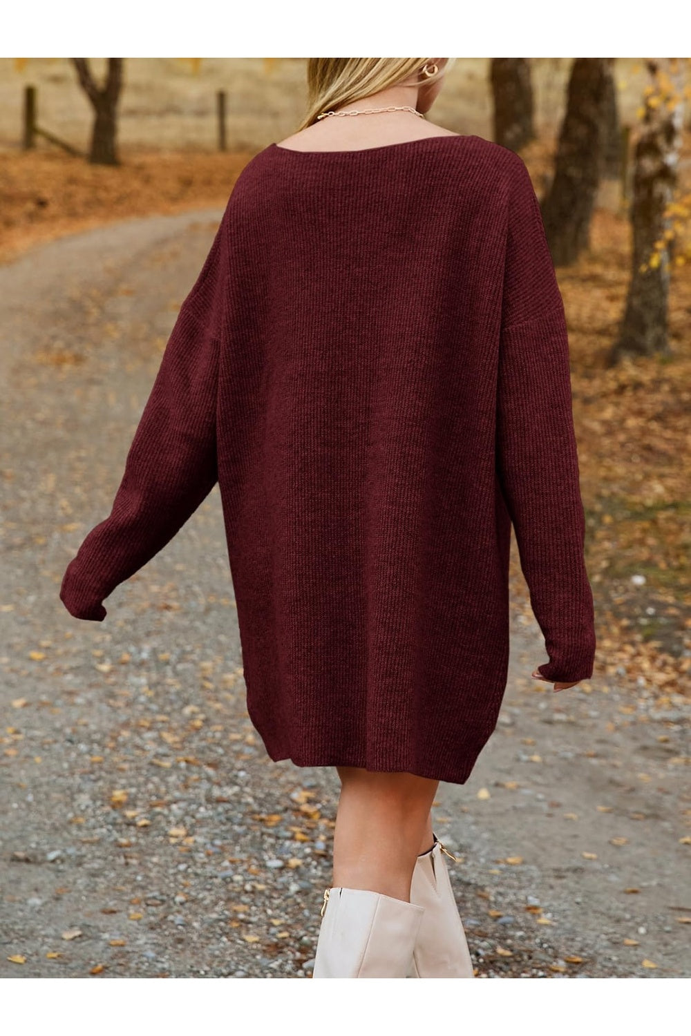 V-Neck Dropped Shoulder Sweater Dress - Sweater Dresses - FITGGINS