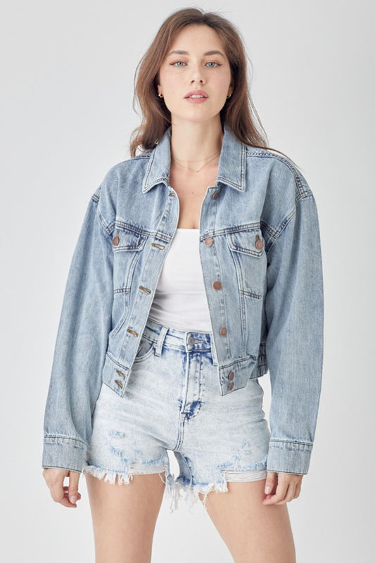 RISEN Full Size Button Down Cropped Denim Jacket - Denim Jackets - FITGGINS