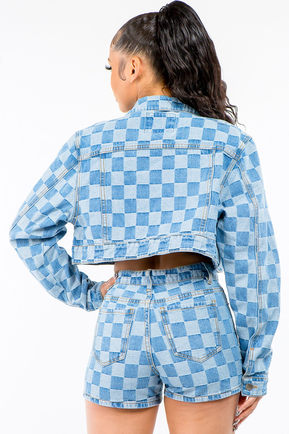 American Bazi Checkered Long Sleeve Cropped Denim Jacket - Denim Jackets - FITGGINS