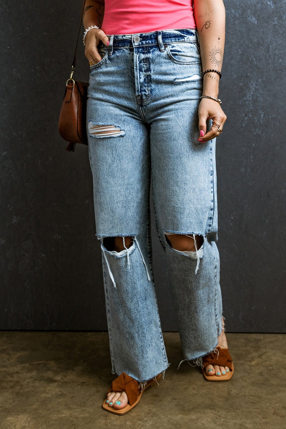 Distressed Raw Hem Straight Jeans - Jeans - FITGGINS