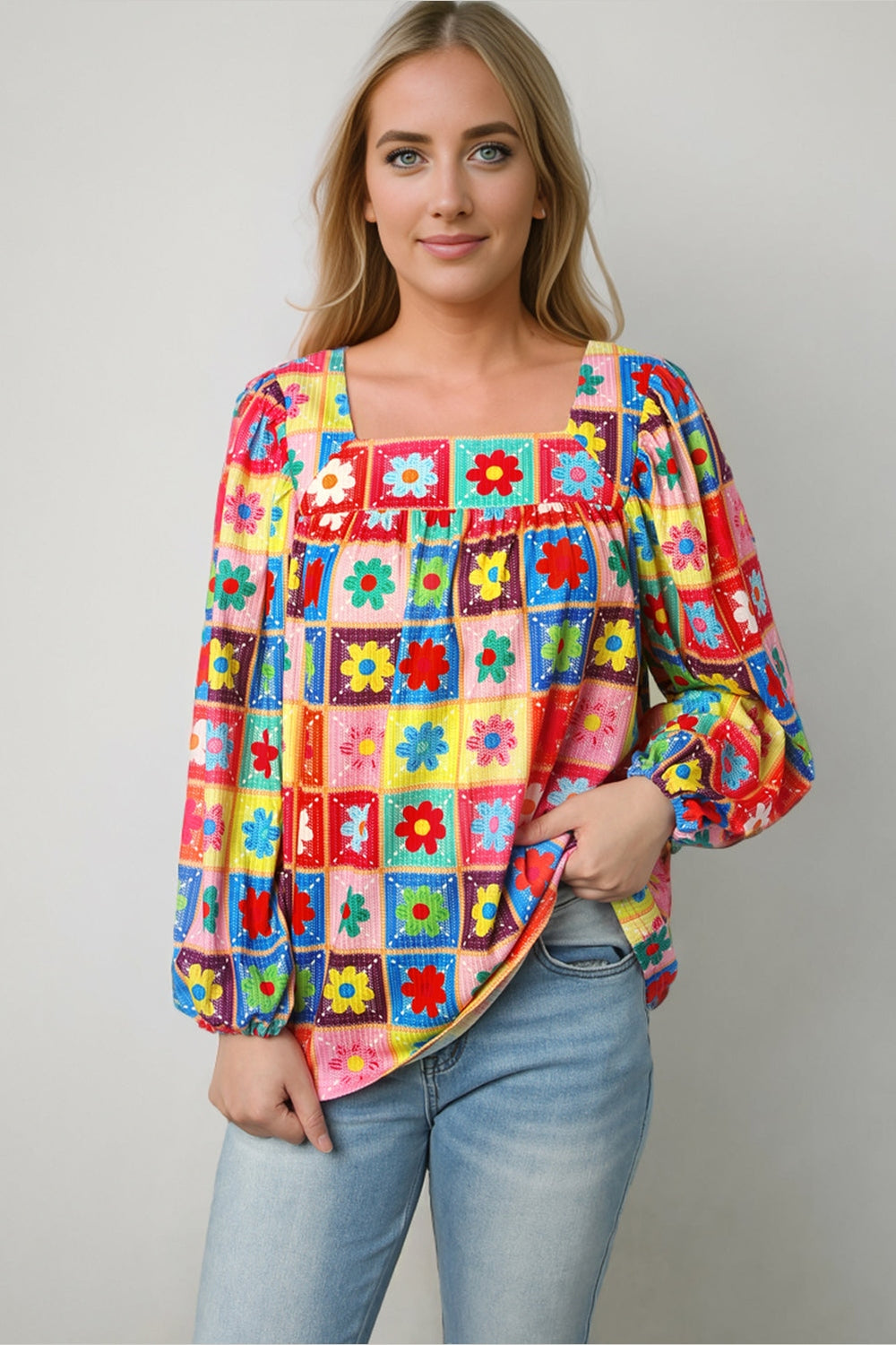 Printed Square Neck Balloon Sleeve Top - Blouses - FITGGINS