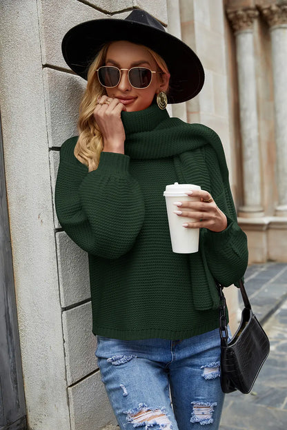 Round Neck Lantern Sleeve Sweater Army Green Fitggins