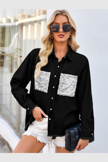 Raw Hem Button Up Long Sleeve Denim Jacket with Sequin Pockets - Denim Jackets - FITGGINS