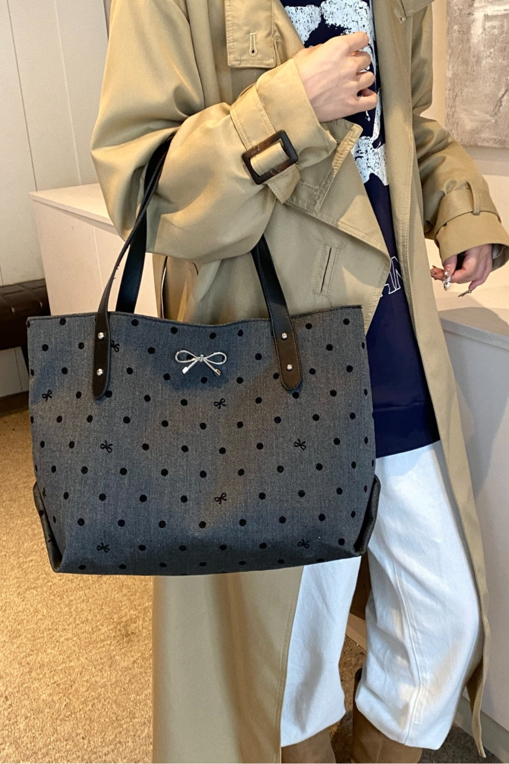 Polyester Bow Polka Dot Tote Bag - Handbag - FITGGINS