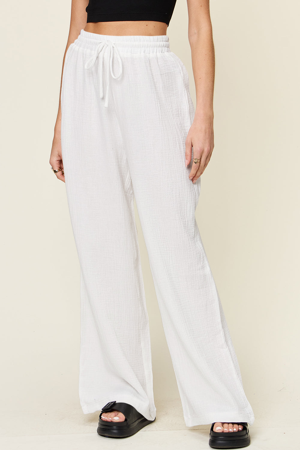 Double Take Full Size Texture Drawstring Wide Leg Pants - Pants - FITGGINS