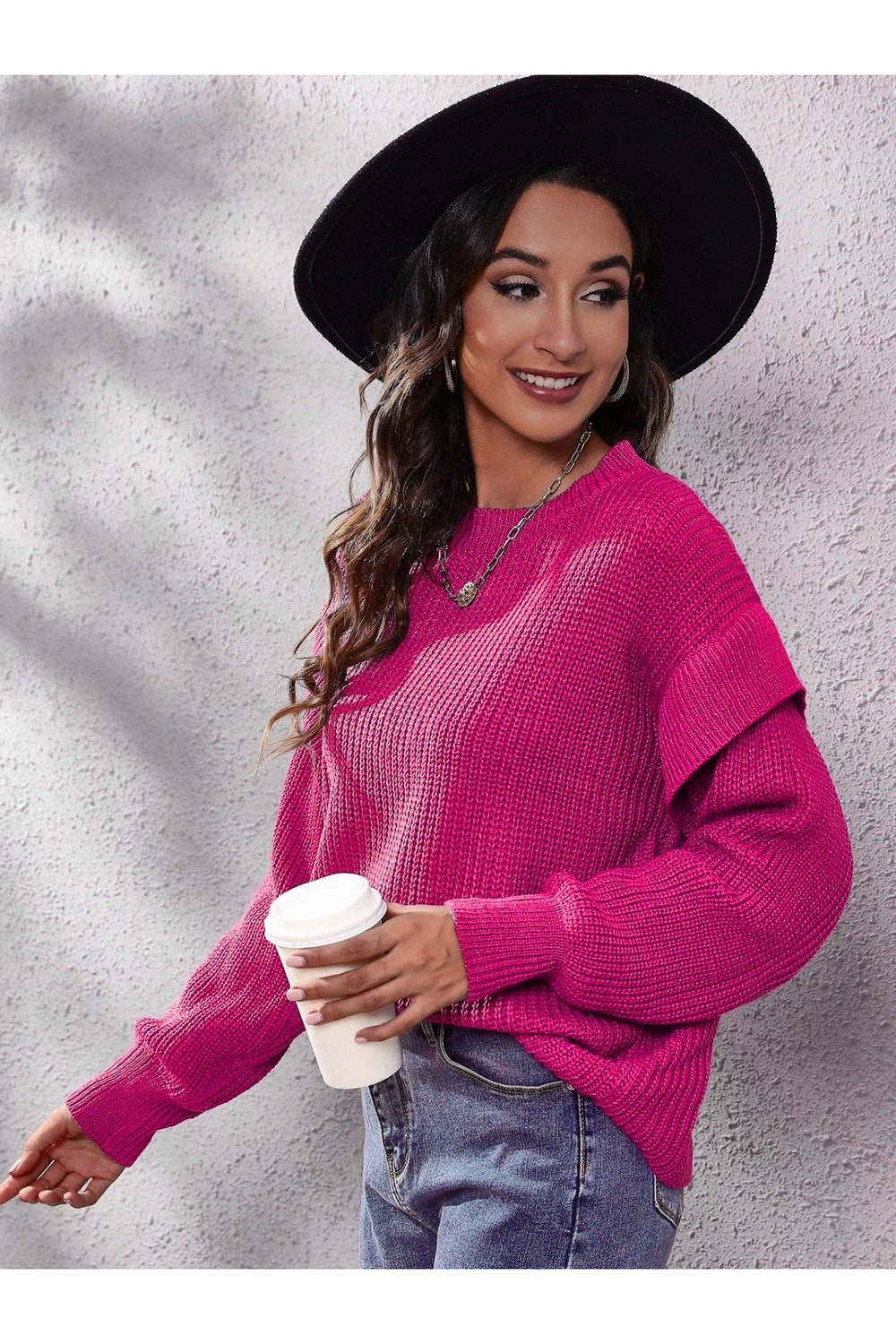 Ruffled Round Neck Dropped Shoulder Sweater - Pullover Sweaters - FITGGINS