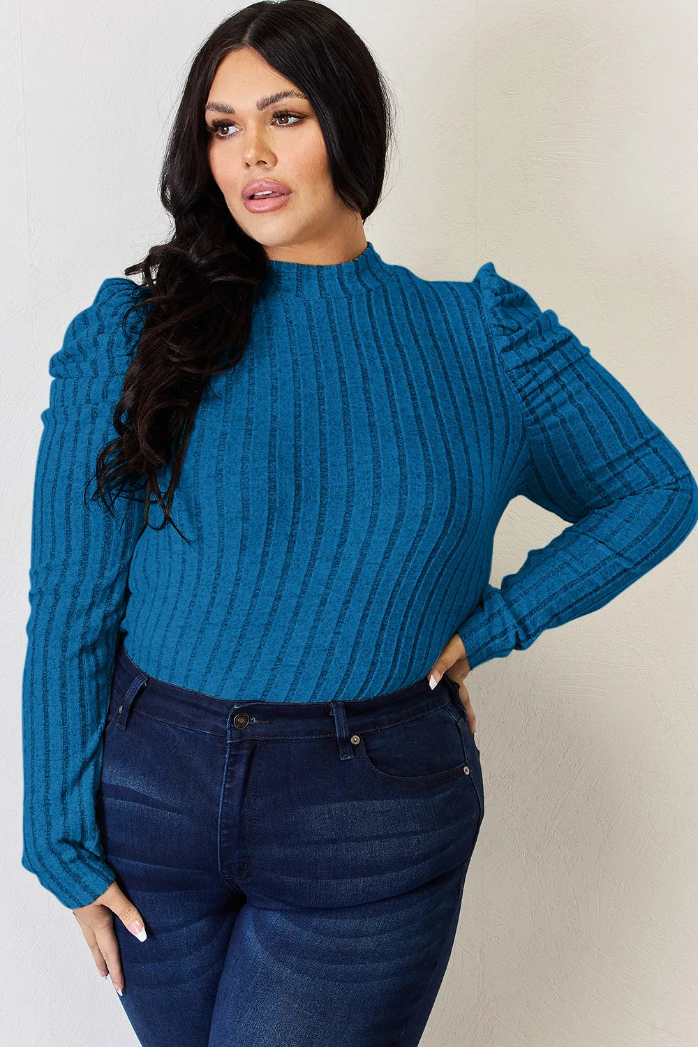 Basic Bae Full Size Ribbed Mock Neck Puff Sleeve T-Shirt Fitggins