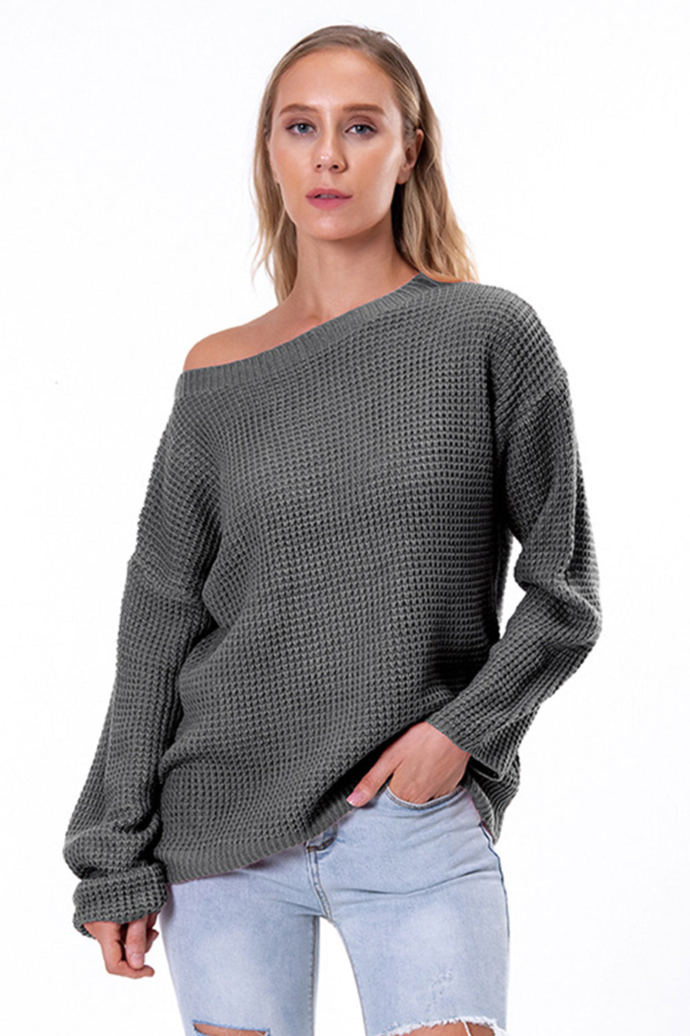 Boat Neck Drop Shoulder Long Sleeve Sweater Charcoal Fitggins