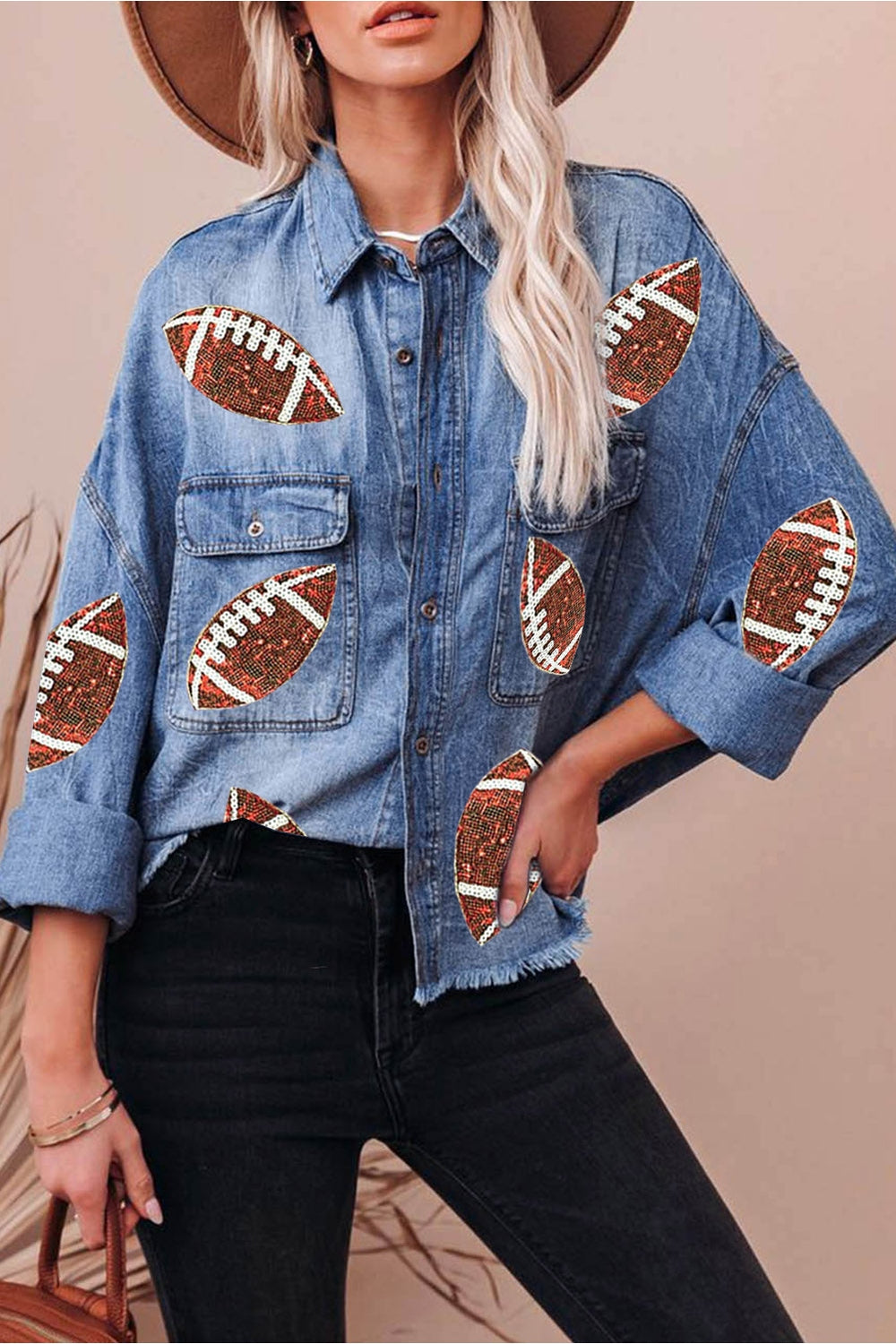 Raw Hem Sequin Football Long Sleeve Denim Jacket - Denim Jackets - FITGGINS