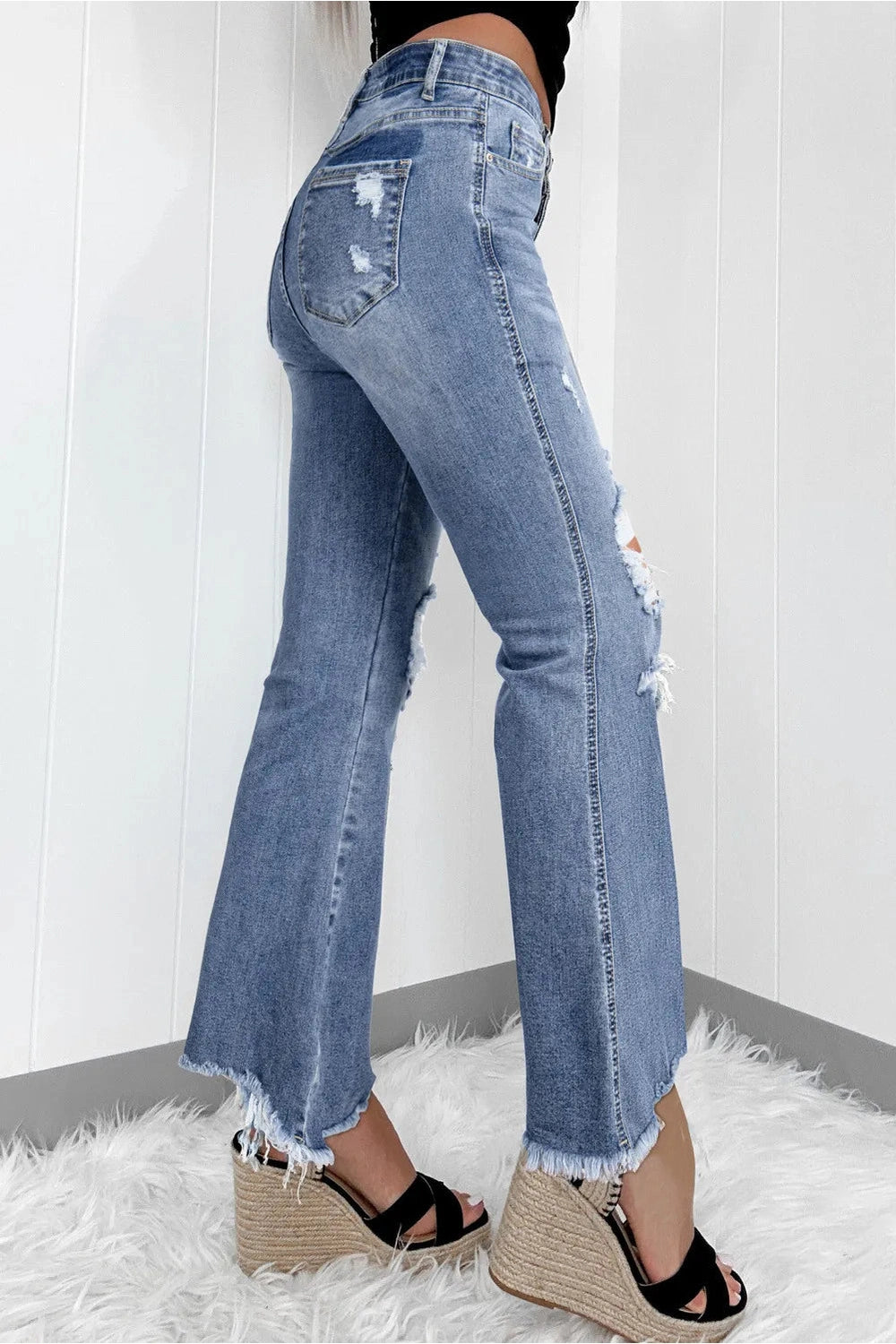 Distressed Raw Hem Bootcut Jeans - Jeans - FITGGINS