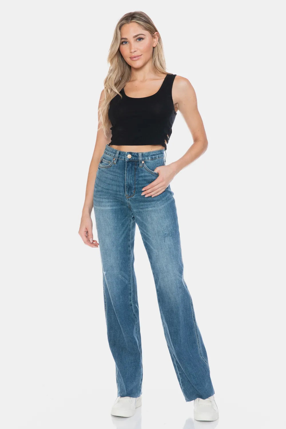 Judy Blue Full Size Tummy Control Cut Raw Hem Straight Jeans Fitggins