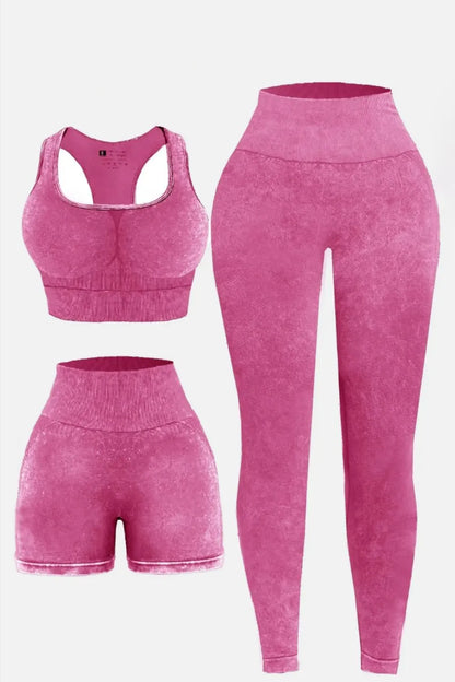3 Piece Washed Square Neck Wide Strap Active Set Deep Rose Fitggins