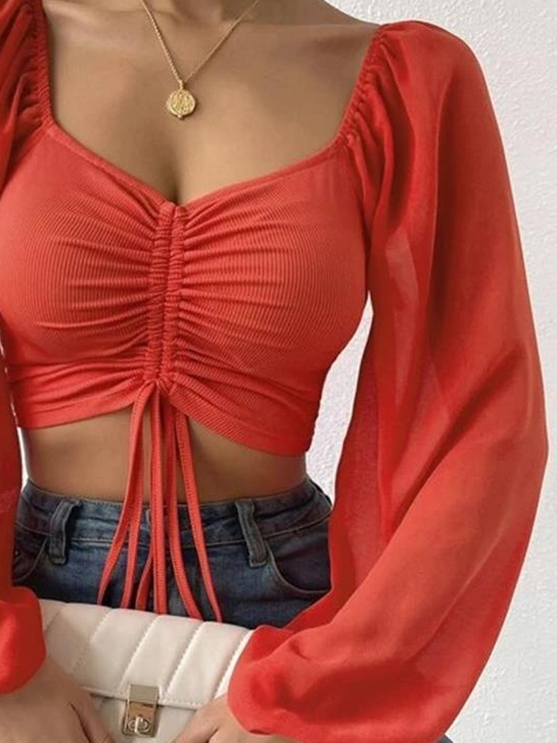Drawstring Sweetheart Neck Cropped Top Fitggins