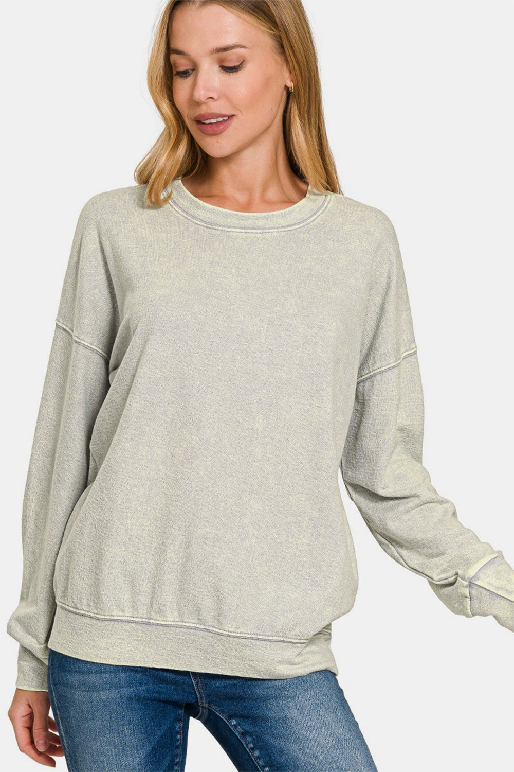 Zenana Washed Round Neck Dropped Shoulder Sweatshirt - Sweatshirts & Hoodies - FITGGINS