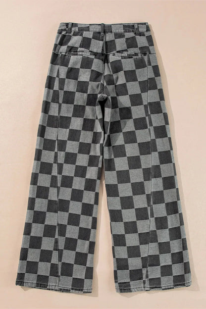 Checkered Wide Leg Jeans with Pockets - Jeans - FITGGINS