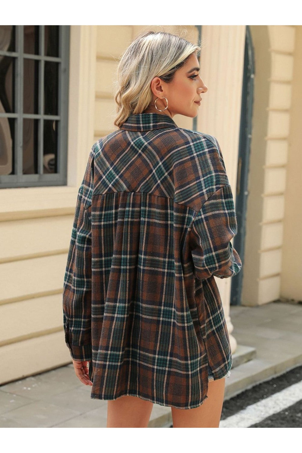 Pocketed Plaid Collared Neck Long Sleeve Shirt - Shirts - FITGGINS