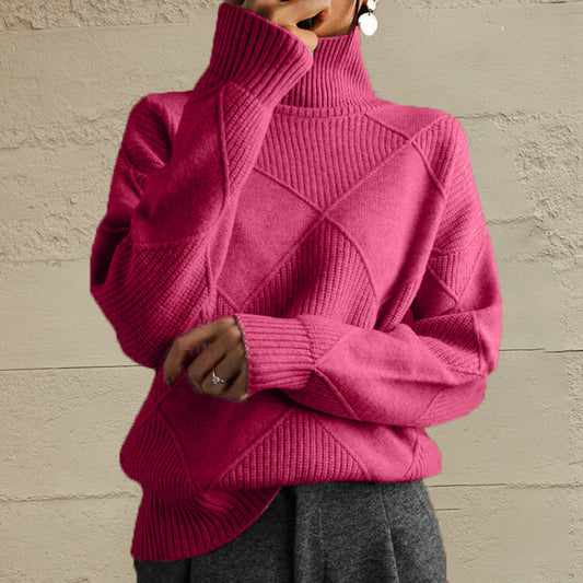 Geometric Turtleneck Long Sleeve Sweater Hot Pink Fitggins