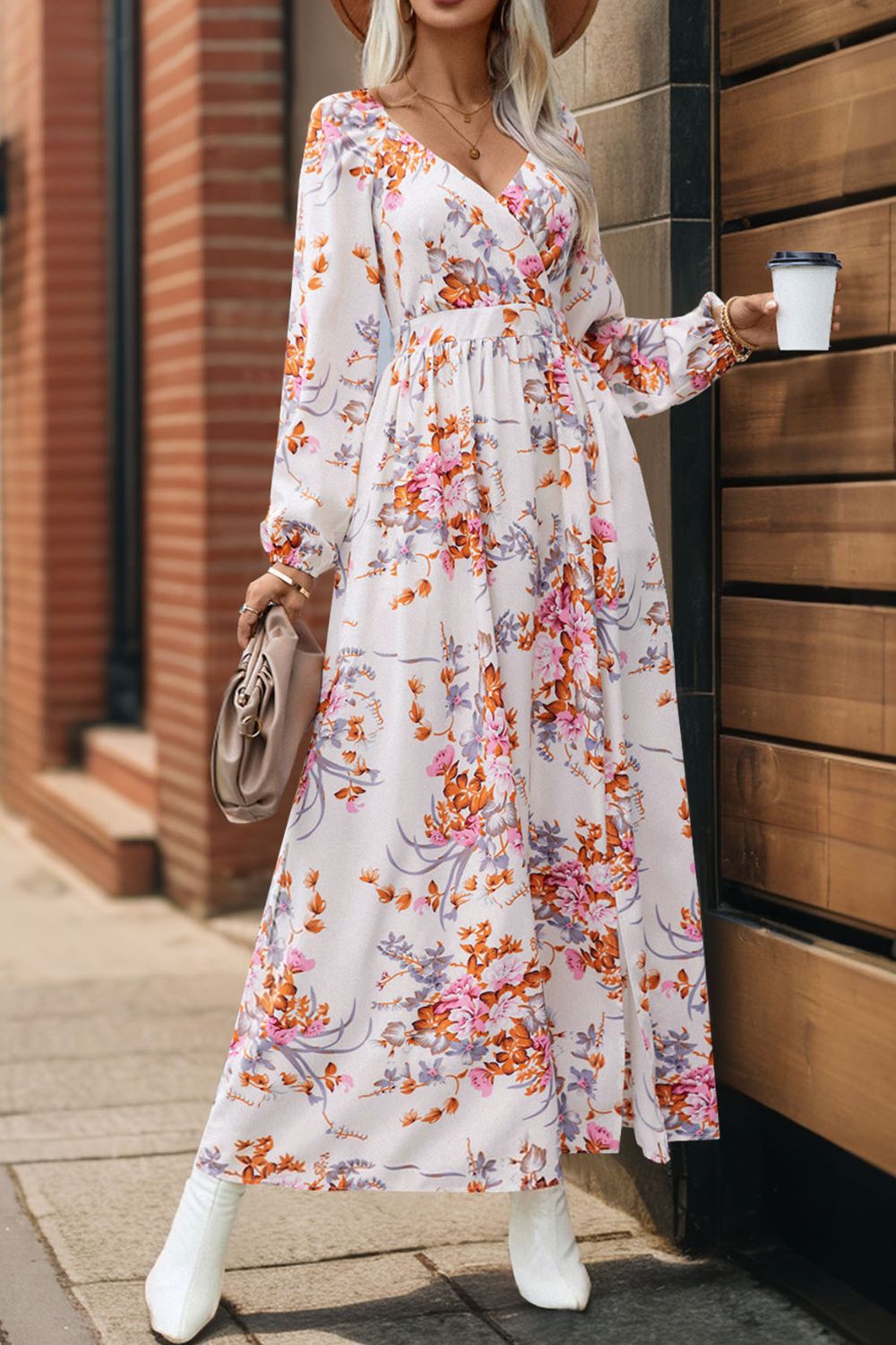 Perfee Slit Printed Surplice Long Sleeve Maxi Dress - Casual & Maxi Dresses - FITGGINS