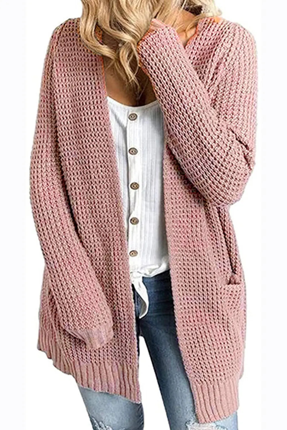 Rib-Knit Open Front Pocketed Cardigan Fitggins