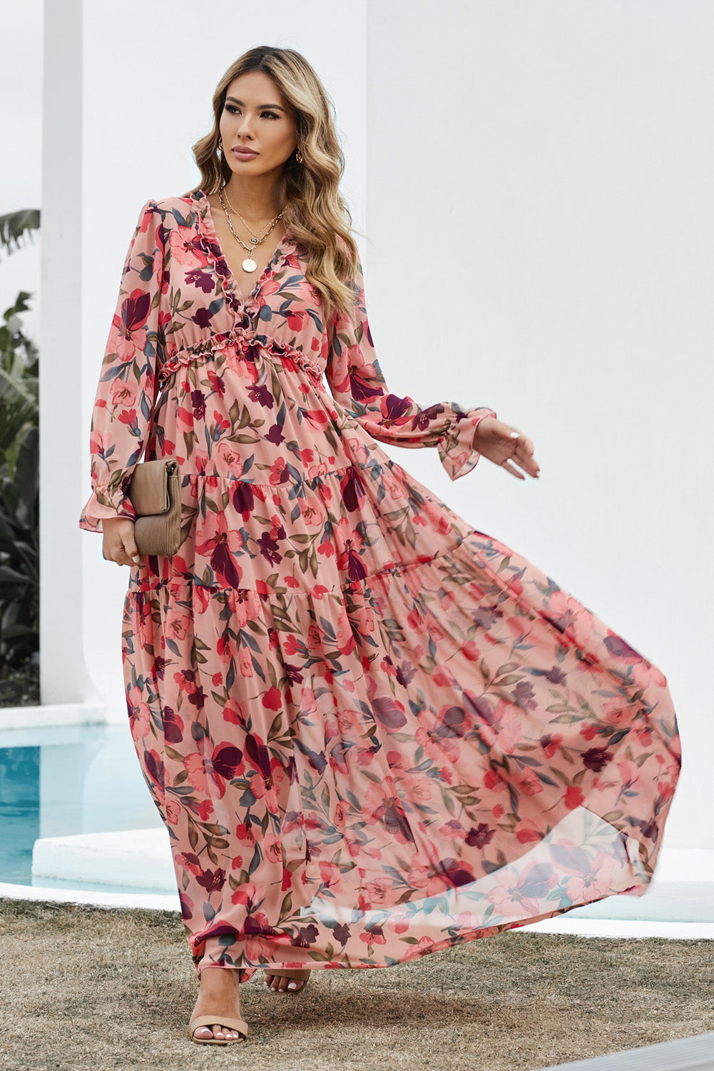 Floral Frill Trim Flounce Sleeve Plunge Maxi Dress Fitggins